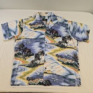 Vintage Pineapple Juice Hawaii Shirt Size XL Blue Rayon Aloha Surf Made In USA